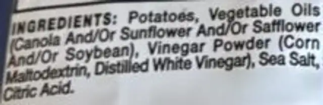 Sea Salt & Vinegar Potato Chips ingredients label