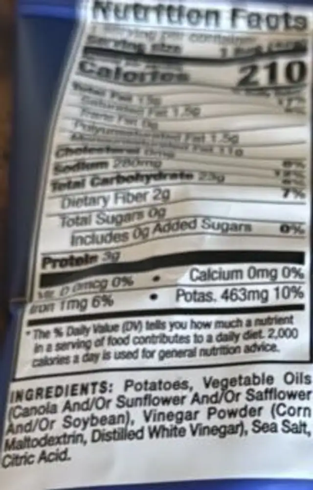 Sea Salt & Vinegar Potato Chips nutrition facts table
