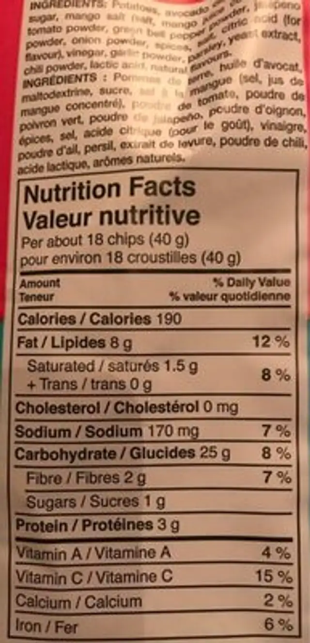 Chips tropical salsa nutrition facts table