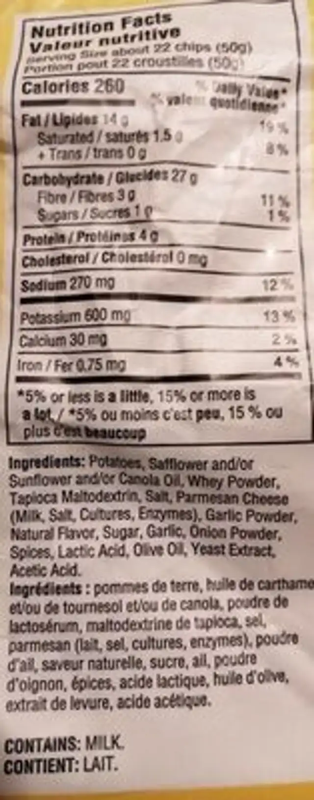 Parmesan et ail nutrition facts table