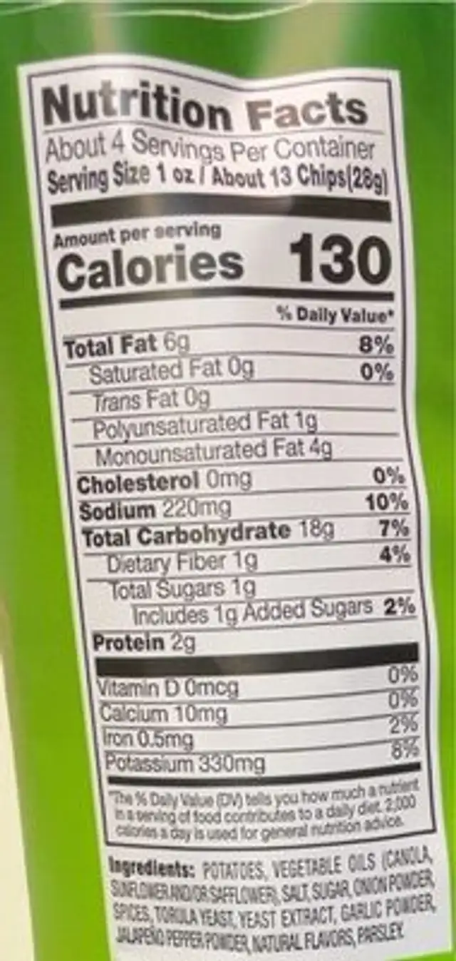 Air fried jaleapeño chip nutrition facts table