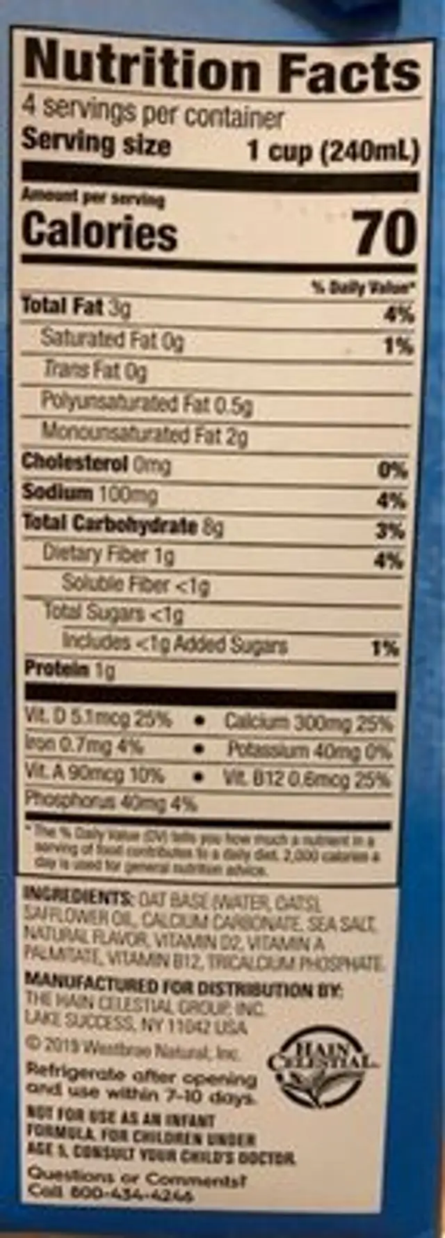 Oat Dream Unsweetened Enriched nutrition facts table