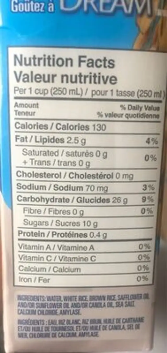 Riz dream nutrition facts table