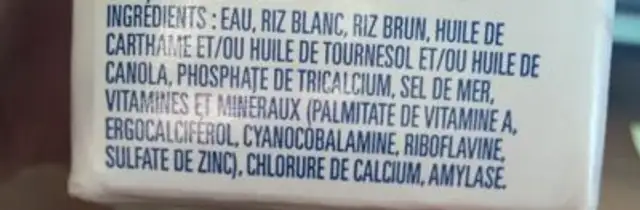 Boisson De Riz Enrichie Originale ingredients label