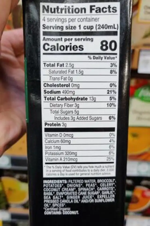 Organic Creamy Super Greens Soup nutrition facts table
