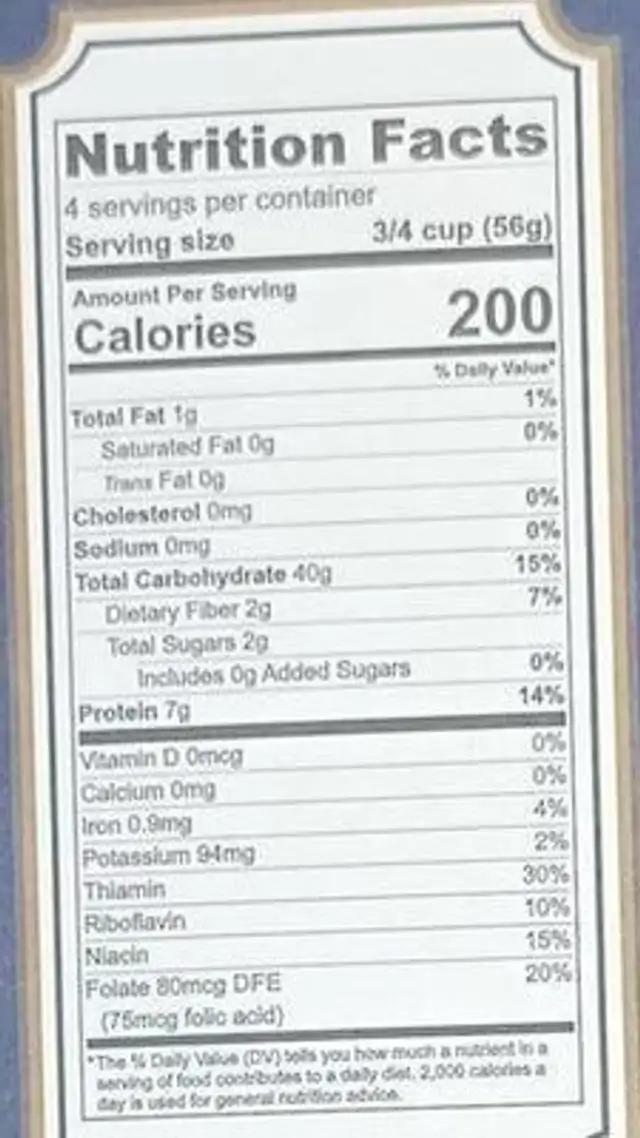 Tortino nutrition facts table