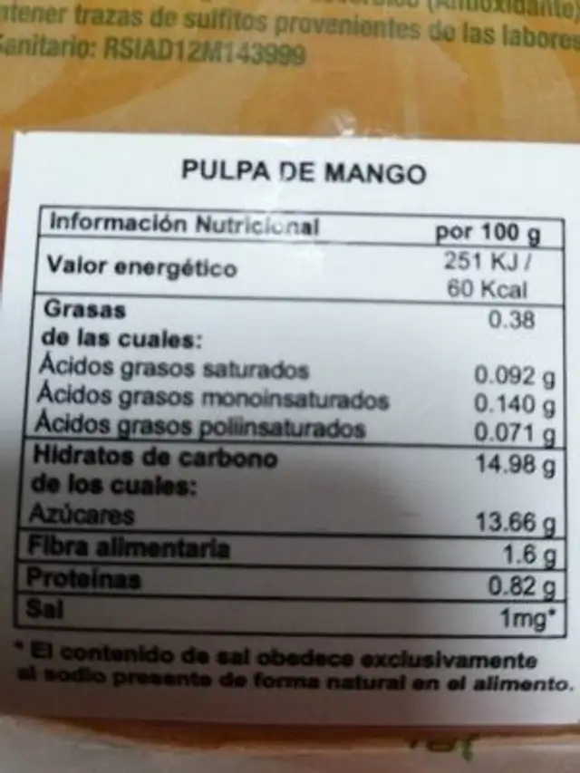 Pulpa de fruta nutrition facts table
