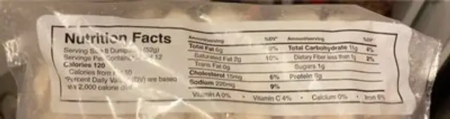 Dumpling nutrition facts table