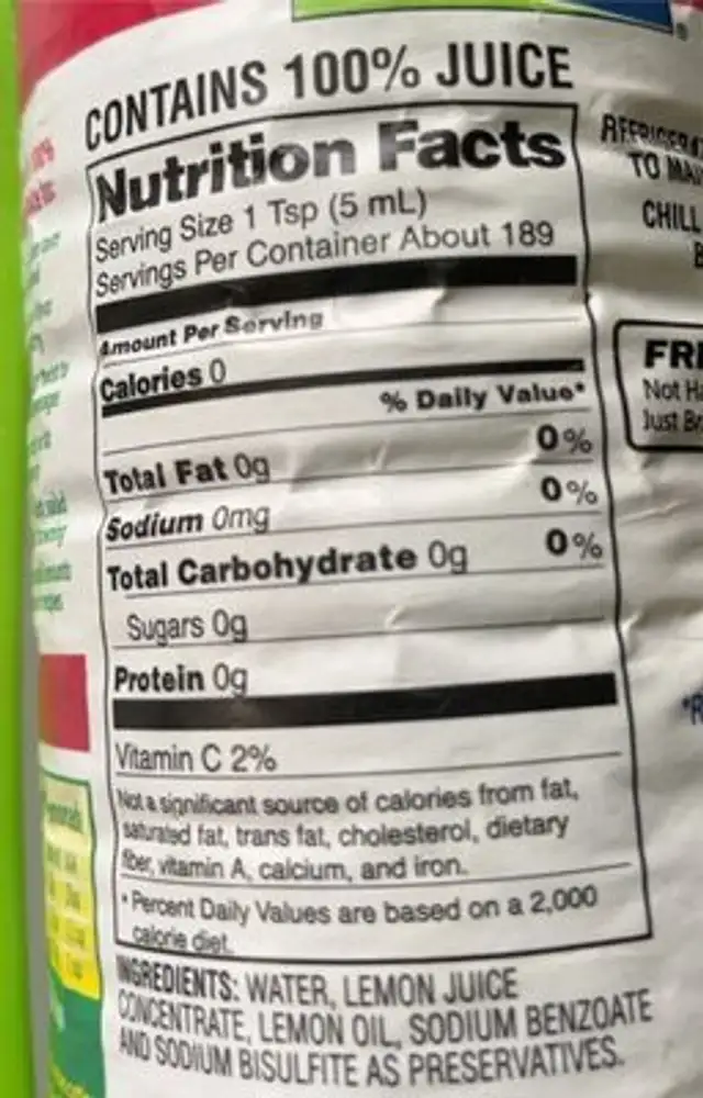 100% Lemon Juice from Concentrate nutrition facts table