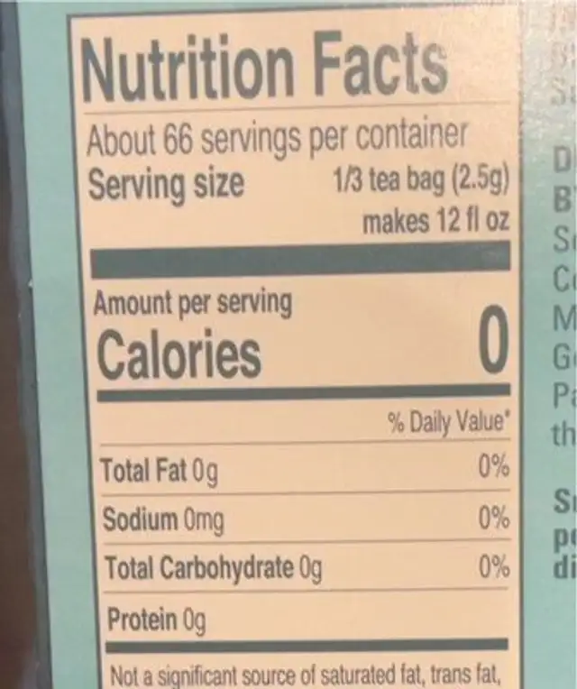 Sweet black tea nutrition facts table