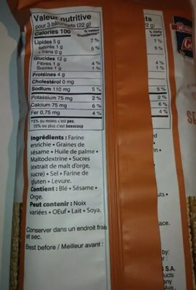 Gressins Sesame nutrition facts table
