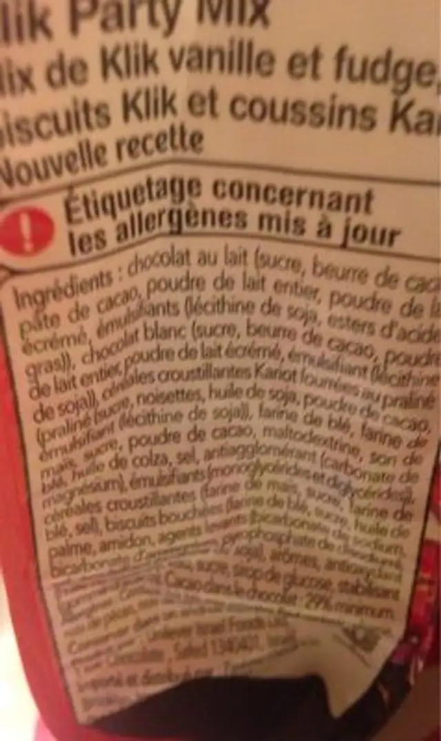 Klik Kariot Party Mix ingredients label