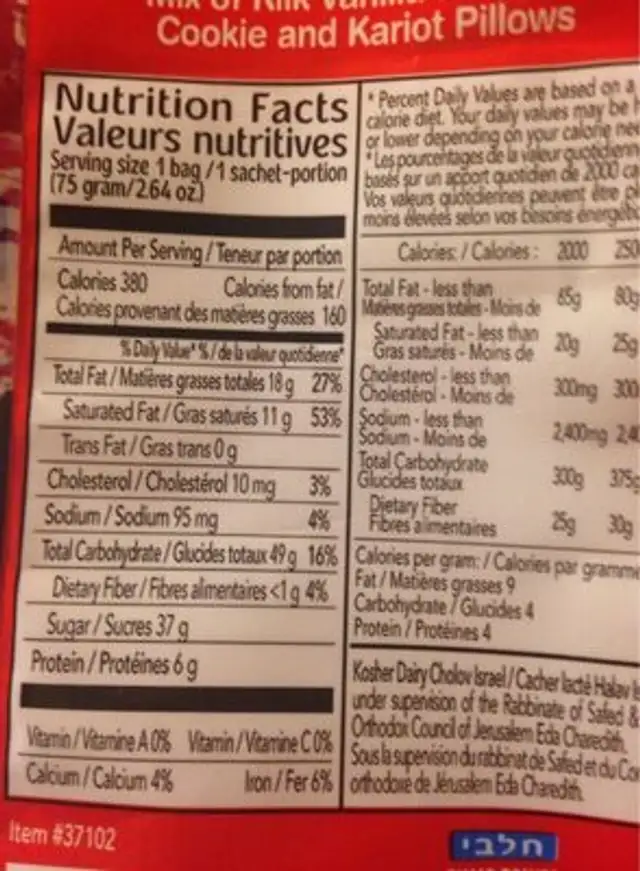 Klik Kariot Party Mix nutrition facts table
