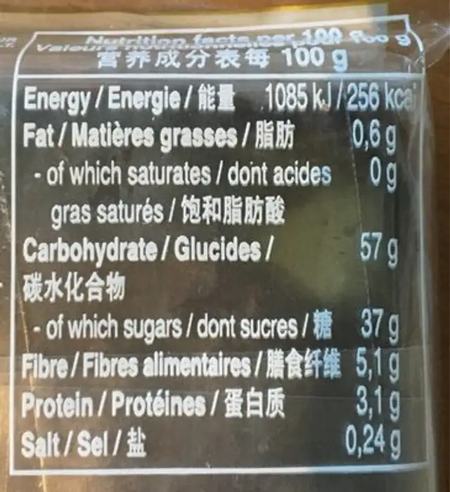 Tamarin Me Chua 150g nutrition facts table