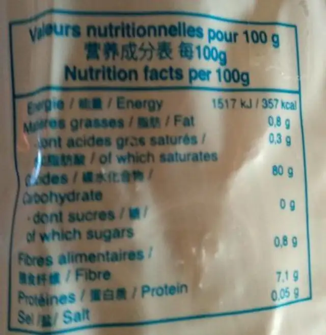 Vermicelle Riz nutrition facts table