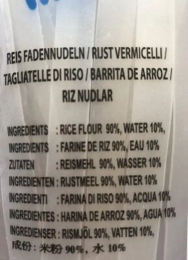 Rice stick ingredients label