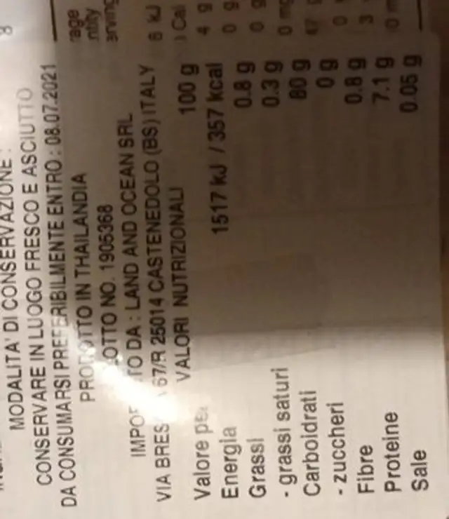 Riso Stick nutrition facts table