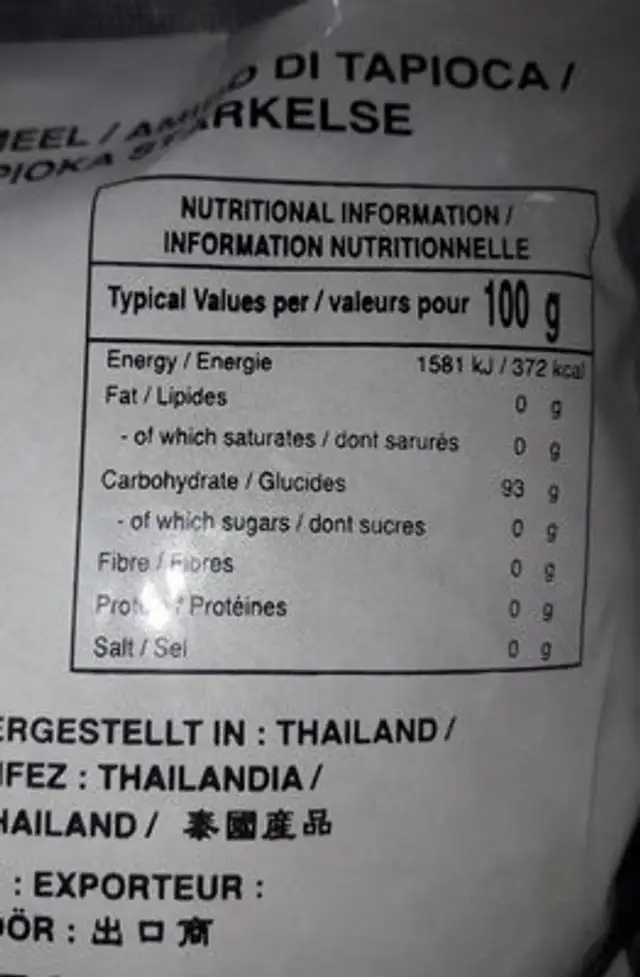 Tapiokastärke nutrition facts table