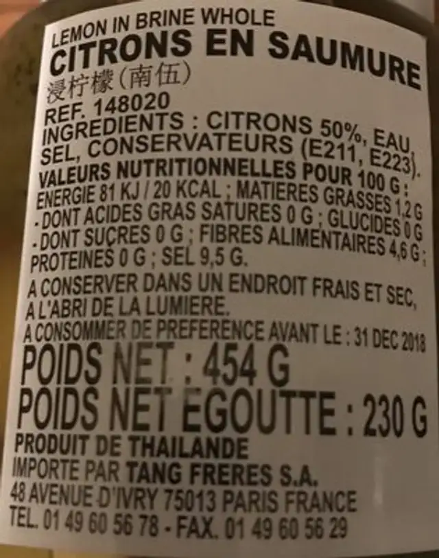 Citrons En Saumure 454G ingredients label