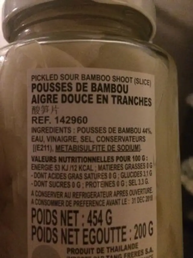 Bambou Pousse Aigre Doux 454G ingredients label
