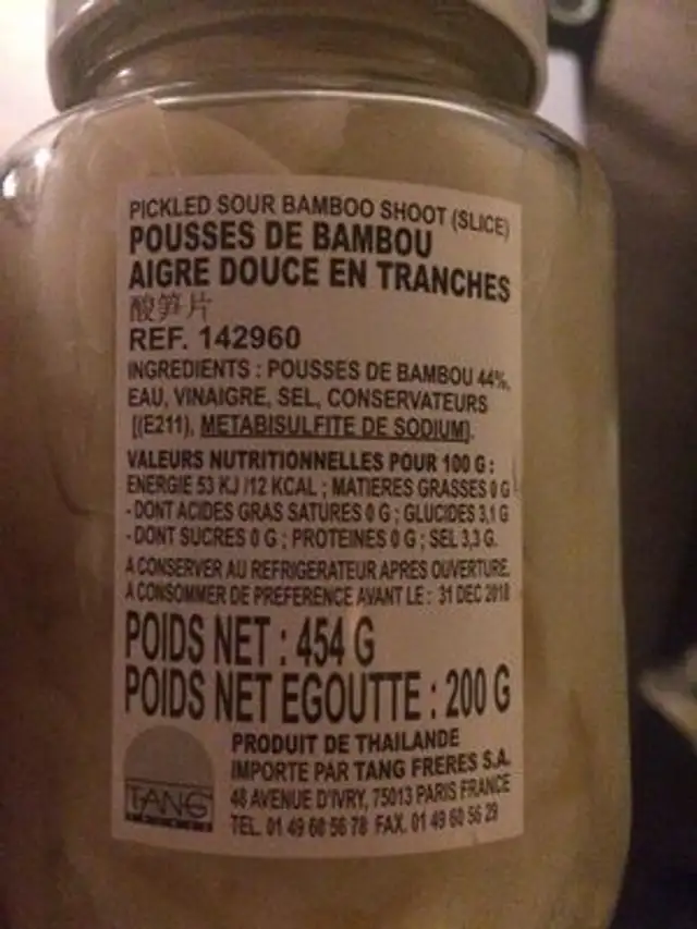 Bambou Pousse Aigre Doux 454G nutrition facts table