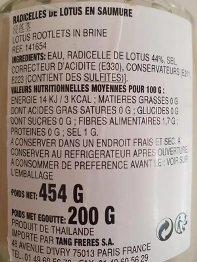 Lotus Radicelle Vinaigre nutrition facts table