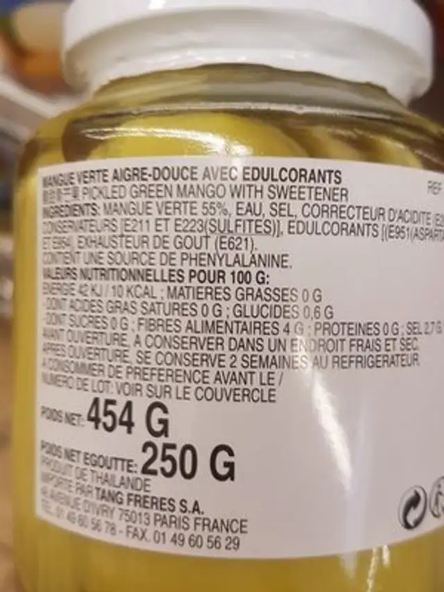 Pickled Green Mango ingredients label