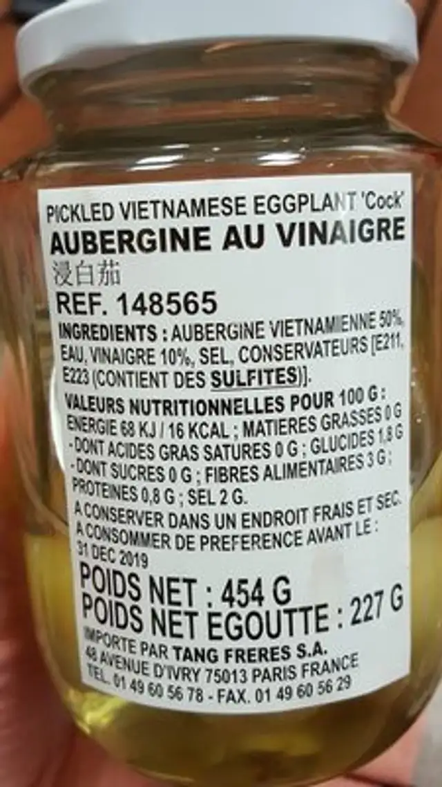 Aubergines Vinaigre ingredients label