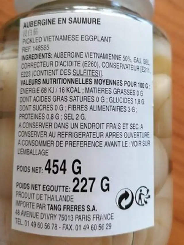 Aubergines Vinaigre nutrition facts table