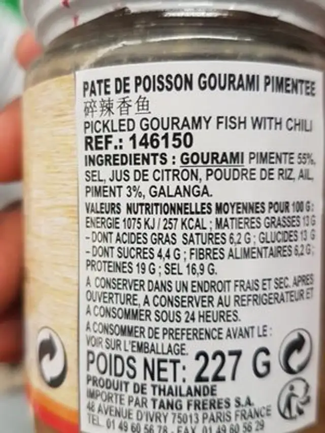 Crème Poisson Gourami - Mam Cã Sac ingredients label