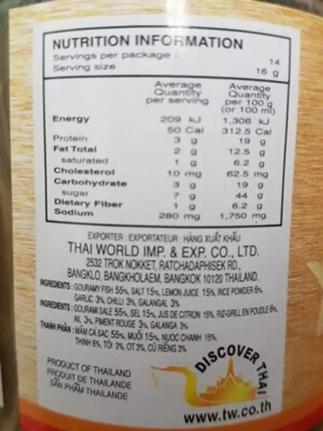 Crème Poisson Gourami - Mam Cã Sac nutrition facts table