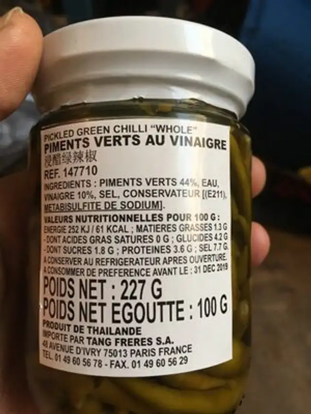 Pickled green chilli ingredients label