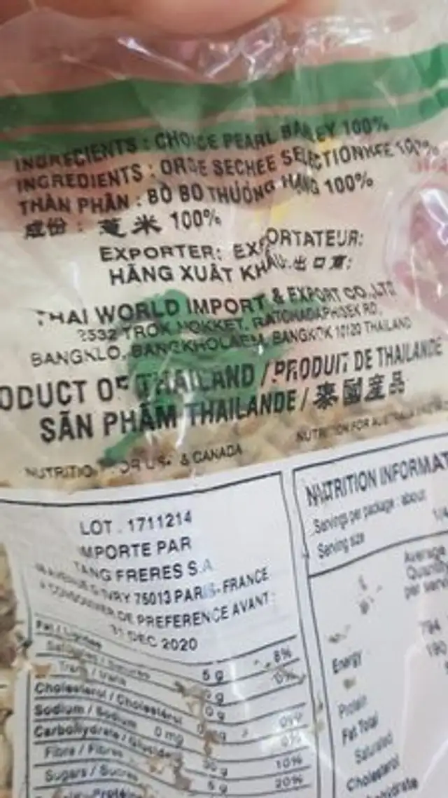Orge Séchée Sélectionnée 454G ingredients label