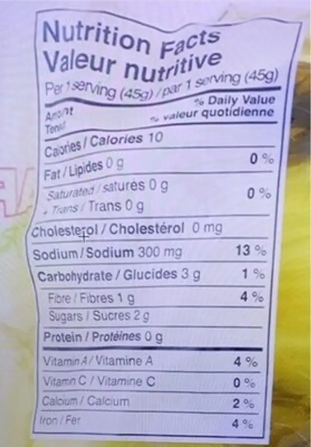 Pickle nutrition facts table