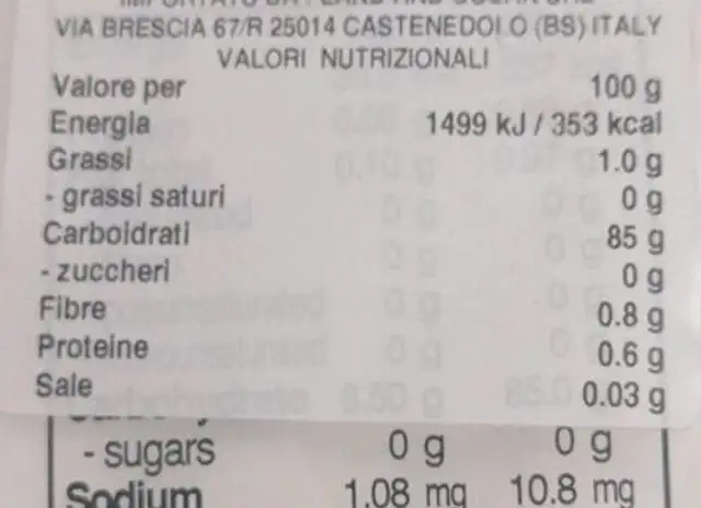 Tapioca starch nutrition facts table