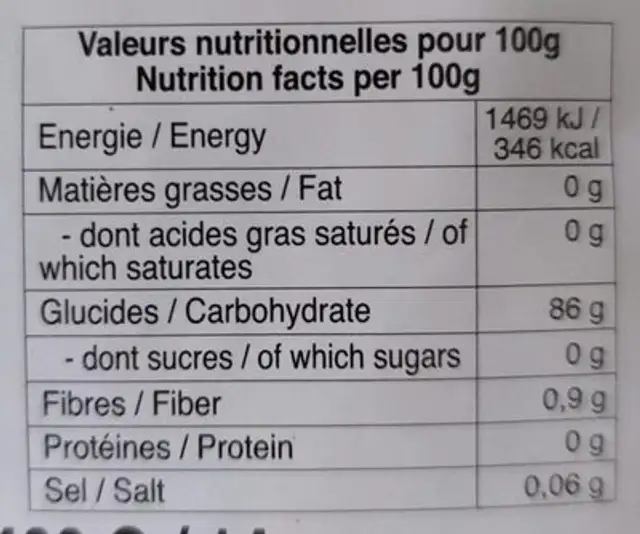 Billes De Tapioca Saveur Pandan nutrition facts table