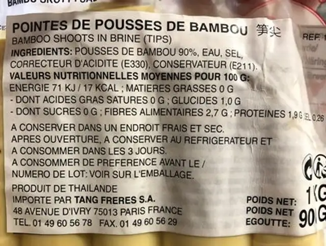 Bambou Pousse 1KG Cock ingredients label