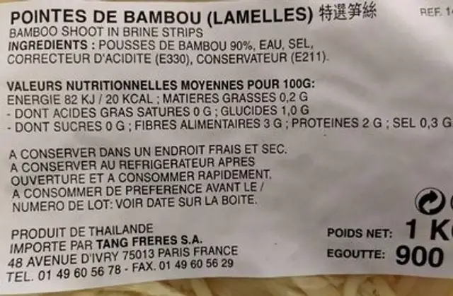 Bamboo shoot in brine stripes nutrition facts table