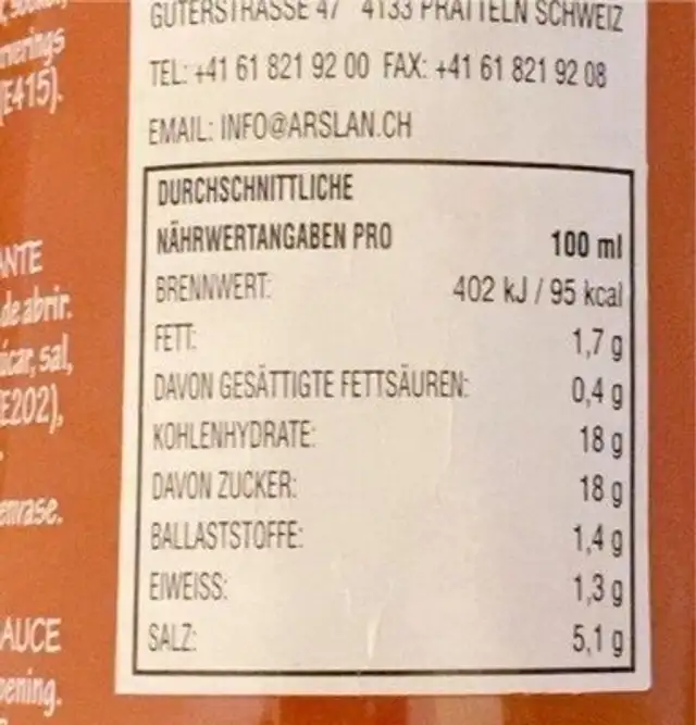 Sriracha nutrition facts table