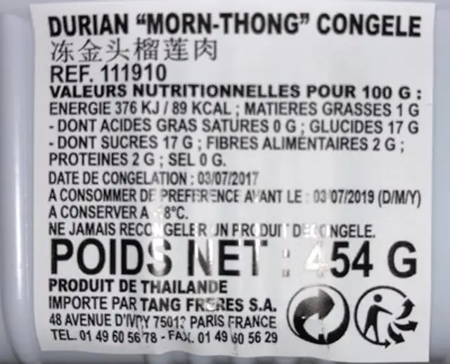 Durian Surgelé ingredients label