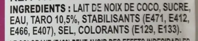 Sorbet Taro ingredients label
