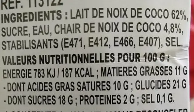 Glace Bã¢ton Sorbet Coco nutrition facts table