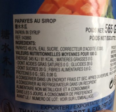 Papaye au sirop ingredients label
