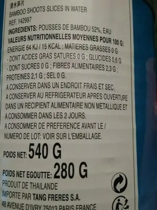 Pousses de Bambou Tranches Poids Net 540 GRS ingredients label
