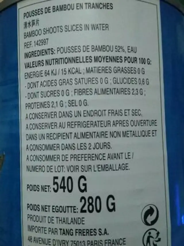 Pousses de Bambou Tranches Poids Net 540 GRS nutrition facts table