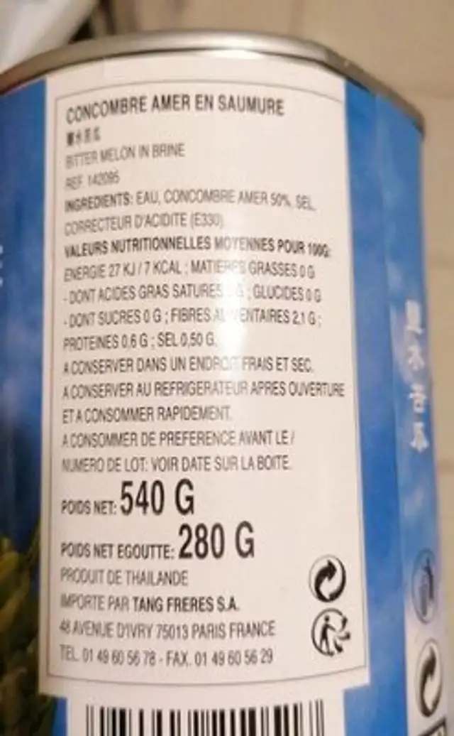 Concombre Amer Conserve Cock nutrition facts table