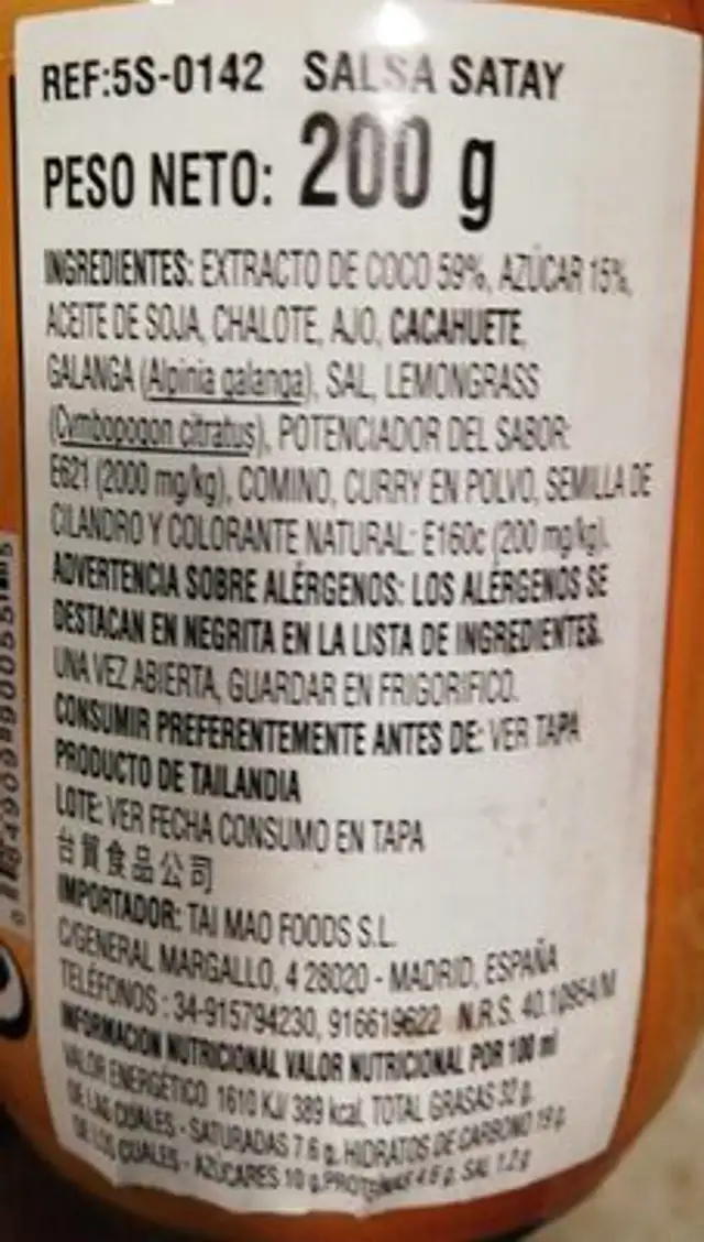 Mix Satay sauce nutrition facts table