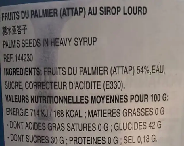 Fruit De Palme Sirop Lourd nutrition facts table