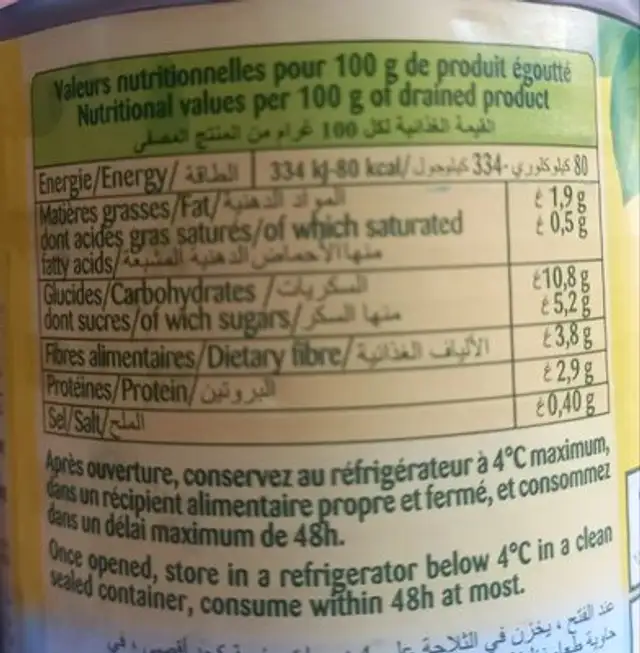 Unknown nutrition facts table