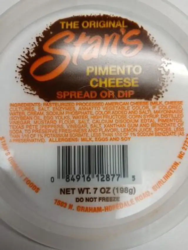 Stan's Pimento Cheese ingredients label